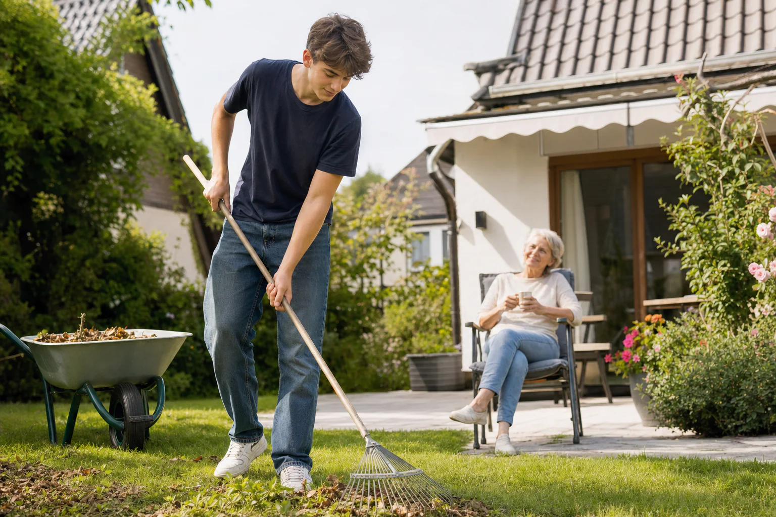 Ein Jugendlicher unterstützt eine ältere Frau bei leichter Gartenarbeit